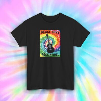 Peace Love Rock N Roll T-Shirt Tie Dye Guitar Retro Music Tee S-5XL