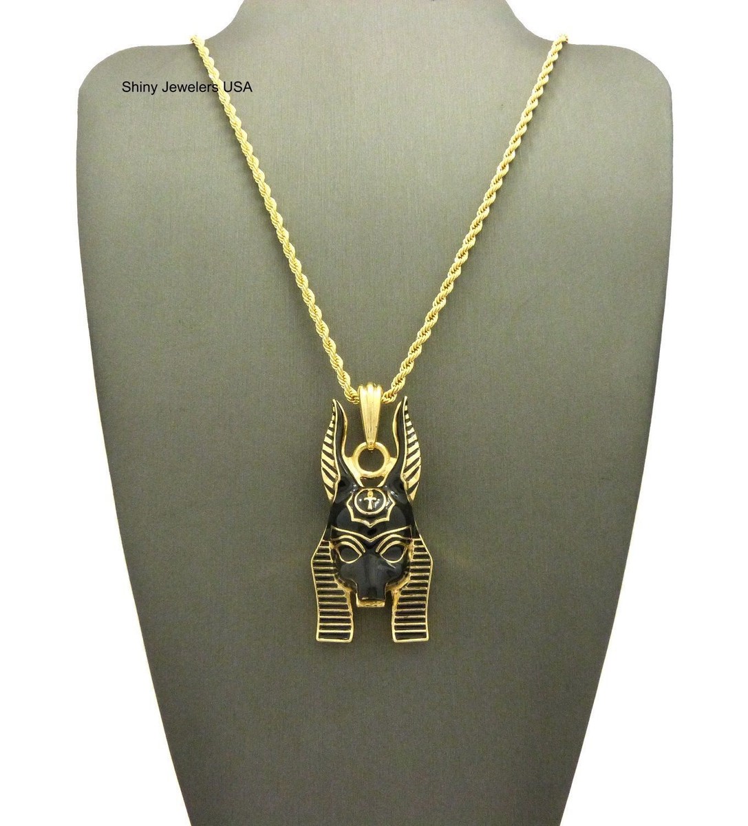 Egyptian Anubis Head Pendant Necklace With 30 Wood Beads - Hip Hop Style Chain, RC2391
