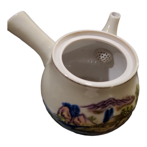 Teiera giapponese Kyusu beige con scenario colorato villaggio con oro - Foto 3 di 12