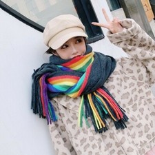 Women Rainbow Faux Cashmere Wool Scarves Tassel Stripe Thicken Shawl Wrap Winter