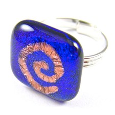 DICHROIC Glass Cocktail Ring Adjustable Silver 3/4" 20mm Copper Blue Spiral Coil