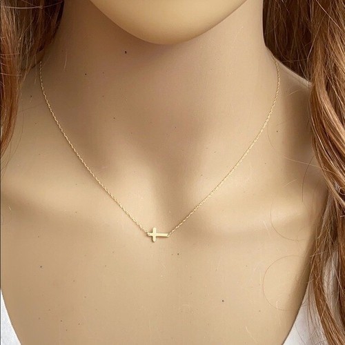 14K Solid Yellow Gold Mini Sideways Cross Dainty Necklace 16"-18" Adjustable - Bild 7 von 8