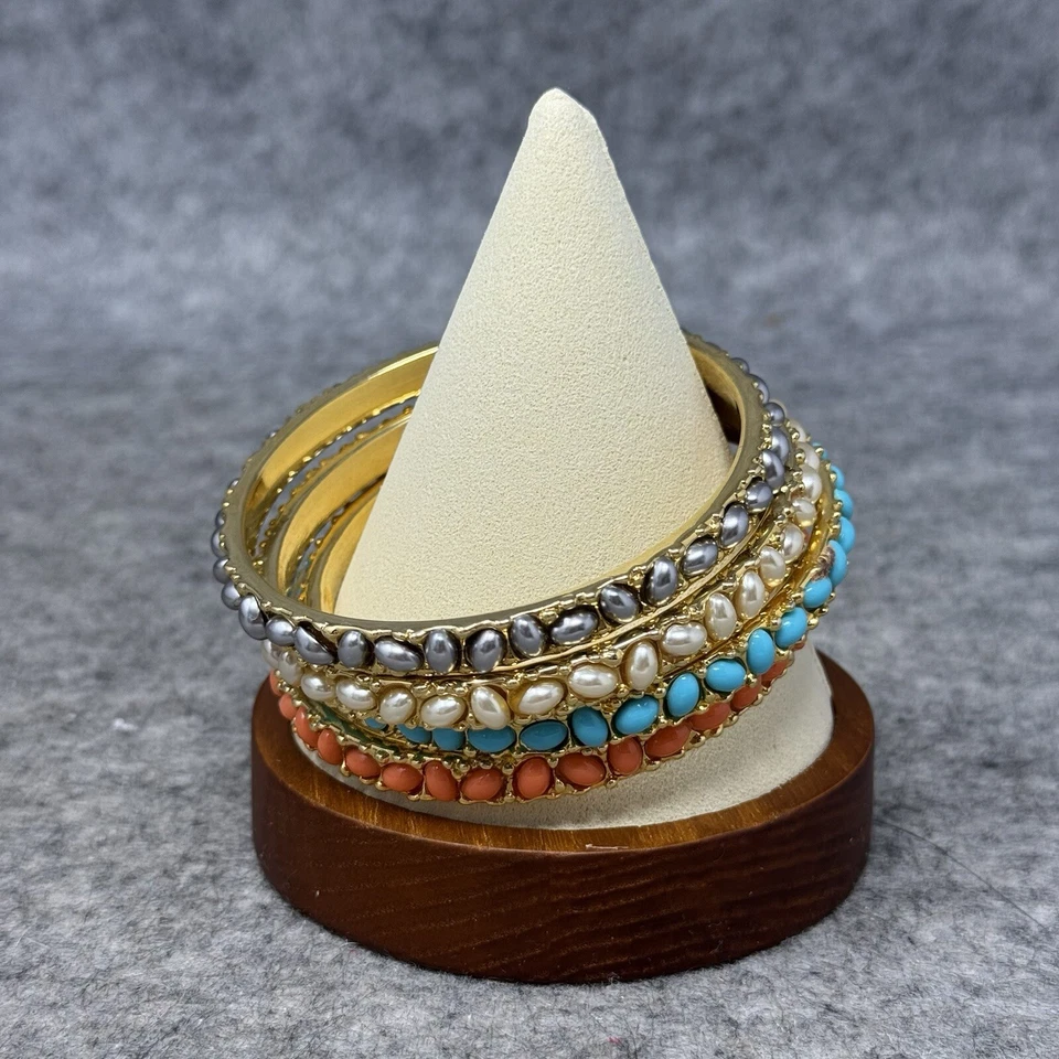 Kenneth Jay Lane KJL Bangles Bracelets Set Cabochan Turquoise Coral Silver Pearl - Image 4 of 4