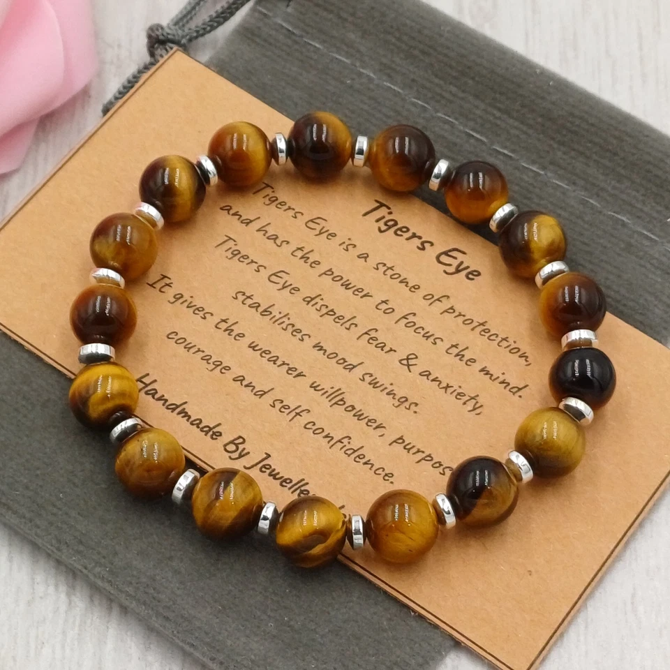 Pulsera TIGERS EYE elástica hecha a mano + bolsa de regalo y tarjeta cristal piedras preciosas 6/8 mm Foto 2 de 4