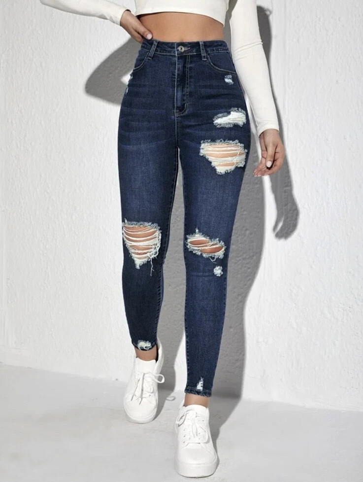Ripped Skinny Jeans Destroyed Denim Dark Wash Shein L size 8 10