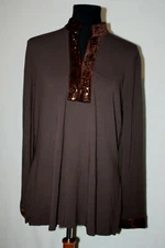 Talbots Sz L Solid Dark Brown Deep Notch Paisley Sequin Tunic Top Soft Stretchy