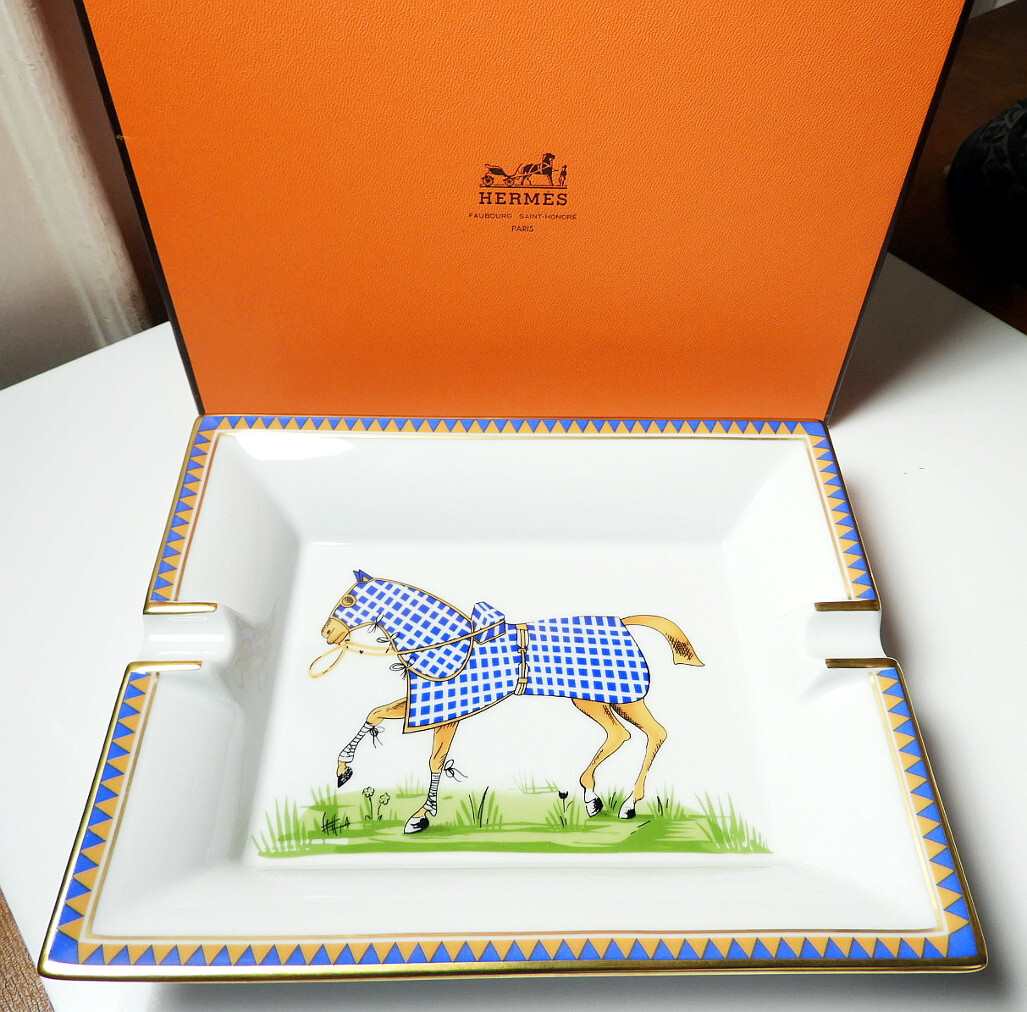 HERMES Blue Tatersall Horse/Equestrian Cigar Ashtray, 7 3/4