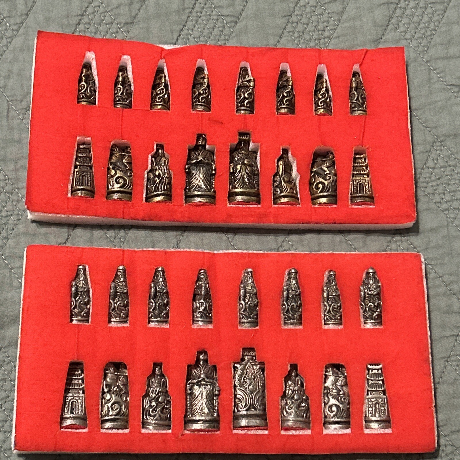 RARE VINTAGE ASIAN/CHINESE HEAVY METAL BRONZE/PEWTER CHESS SET No Board