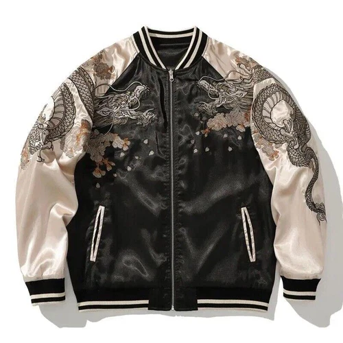 Mens Bomber Japanese Pattern Embroidery Dragon Tattoo Sukajan Fashion Jacket - Picture 6 of 13
