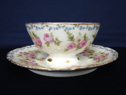 CH Field Haviland Covered Condiment Bowl w/Plate Roses Blue Swags Gold Trim - Picture 6 of 13
