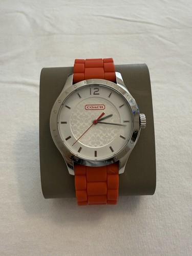COACH Logo Analog Quartz Silver-tone Orange Rubber Strap Womans Wristwatch