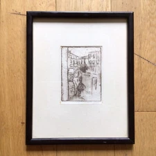 Old Vintage Etching Of A Figure Holding A Basket Signed Aupe Gray