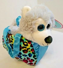 Plush 8 inch Dog in Blue Leopard Spotted Carrier Purse  New  18 Month +
