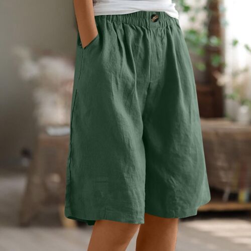 Womens Solid Color Pants Pocket Button Up Capris Loose Elastic Waist Shorts - Picture 34 of 51