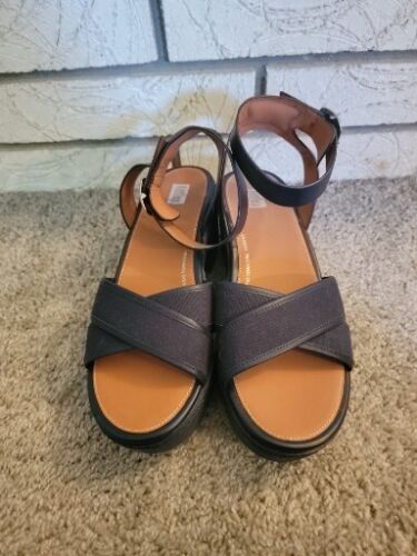Fitflop Women's Pilar Sandal Size 9 Platfrom Chunky Heel Navy Canvas Ankle Strap - Foto 1 di 8