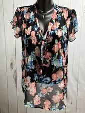 Elle V-neck Plunge Short Sleeve Business Casual Blouse Shirt M Floral Sheer