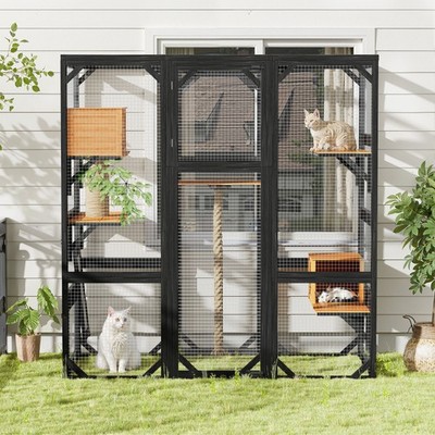 Outdoor Wooden Cat House Cat Enclosure Catio Cat Playpen with Platforms Condos
