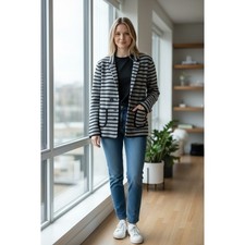 LOFT Women's Black Gray Striped Knit Blazer Jacket Cardigan Size S Small Cropped