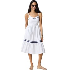 J.Crew Factory Corset Midi Dress Contrast Trim White Navy Cotton 8 NWT CK718