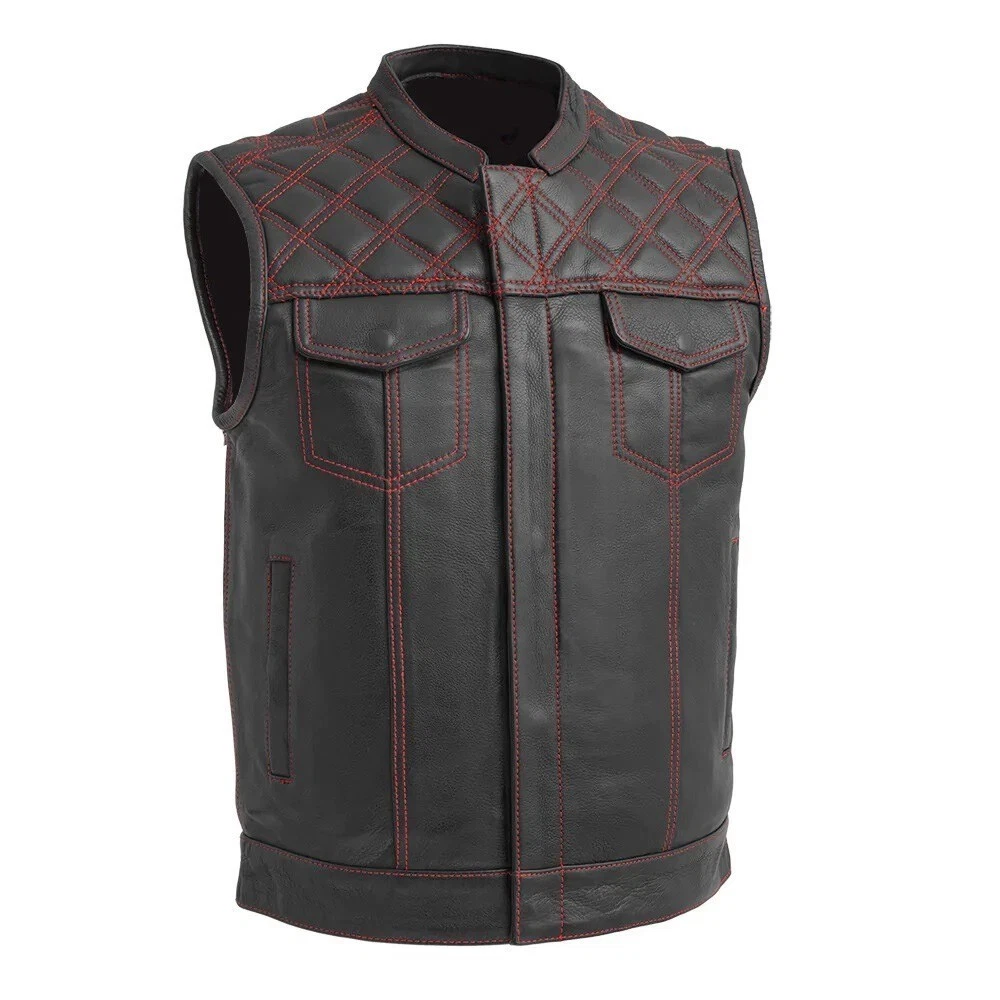 MEN'S GENUINE COW LEATHER VEST QUILTED PANELS CONTRAST STITCH LEATHER WAISTCOAT
