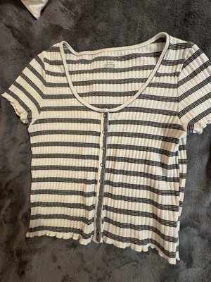 American Eagle Striped Ribbed Button Front Crop Top  M Medium