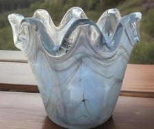 Murano NEW Hand Blown Blue/Gray Swirl Art Glass Vase 5  Italy