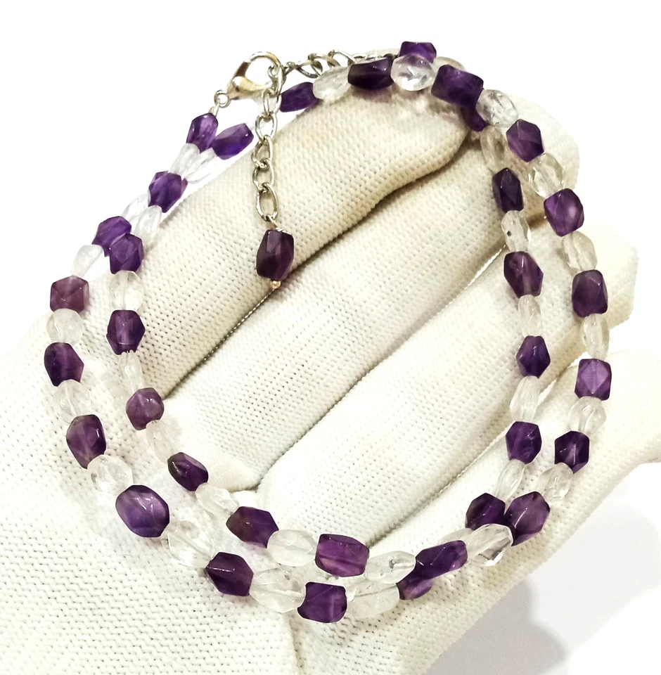 Collar de amatista natural y cuarzo transparente, collar de cuentas, cuentas facetadas Foto 3 de 4