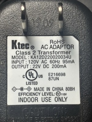 22V AC/DC Adapter For Ktec KA12D220020034U Class 2 Transformer Power Supply Cord