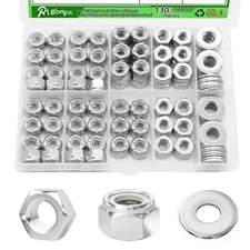 130-PCS 1/4"-20 Inch Lock Nuts Hex Nut Flat Washer 304 Stainless Steel