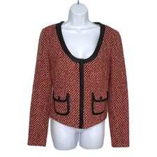 Hinge Red Wool Tweed Jacket Zip Front Long Sl...