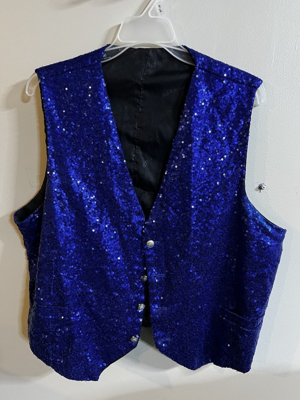 Four Men's Sequin Formal Vests. Blue(L) Black (L) Champagne (XL) Purple (XL)