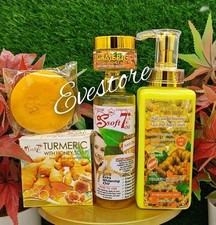 Soft 7 Tumeric  Honey Whitening Glowing Lotion, Oil  F.cream  Soap 4Pcs