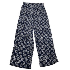 Skemo Palm Pants Navy White Tropical Leaf Print Wide Leg Rayon XL NEW Beach Boho