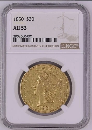 1850 $20 GOLD LIBERTY HEAD DOUBLE EAGLE NGC AU 53