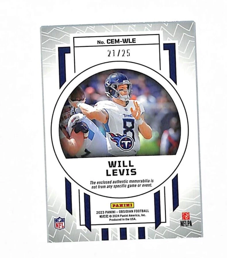 2023 Panini Obsidian Will Levis Cutting Edge 21/25 Rookie Patch Card Titans  - Image 2 of 2
