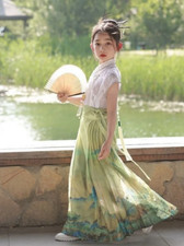 Chinese Hanfu Suit Improve Tang Suit Landscape Painted Horse Face Skirt Girls