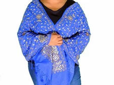 Blue Ladies Stoles - Zari Embroidery Wool Stylish Fashion Kashmir Shawl Wrap 78"