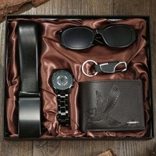 Mens Luxury Gift Set Watch Wallet Keyring Belt Sunglasses Boxed Gift Ideas BLACK