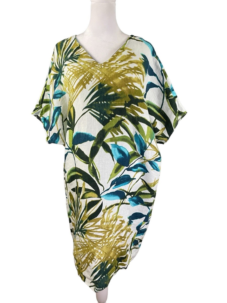 green dress white wedge Chico's 1 (US 8/10) Linen Palm-Print Tunic Dolman Sleeves Knee Lengt Indianwear Bridalwear Asianwear Designerwear Pakistaniwear in WEST DRAYTON