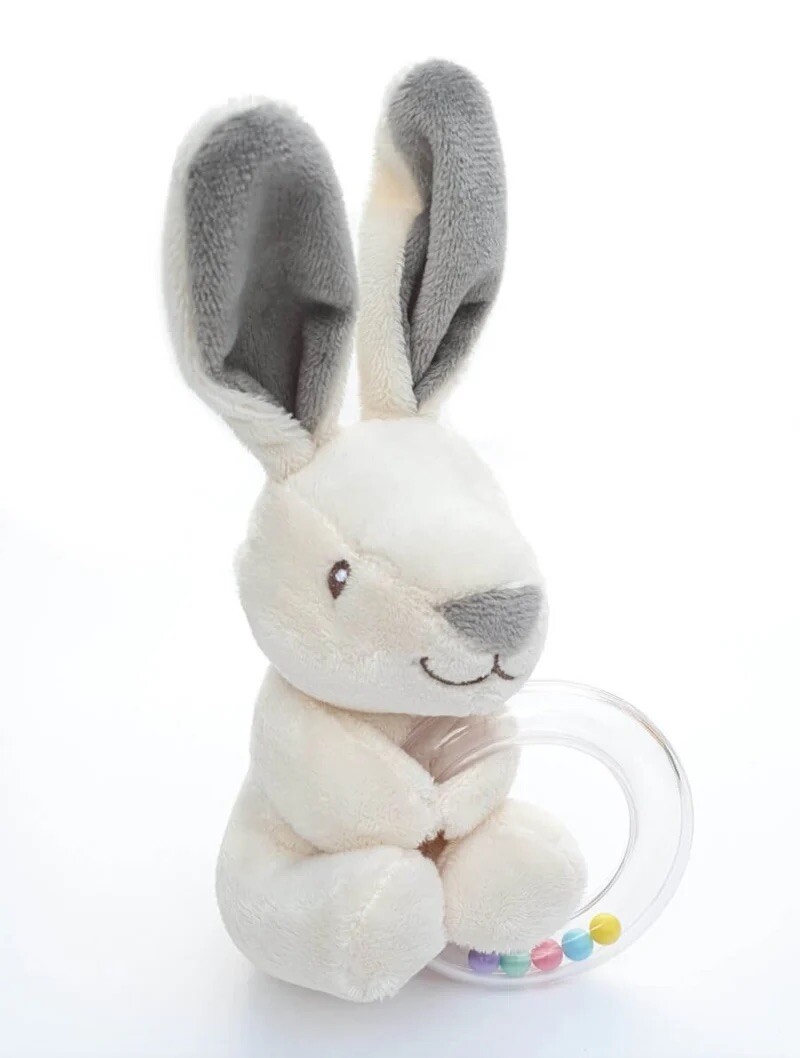 Super Soft Little Bunny Teddy Holding Onto a Teether With Small Rattle Balls