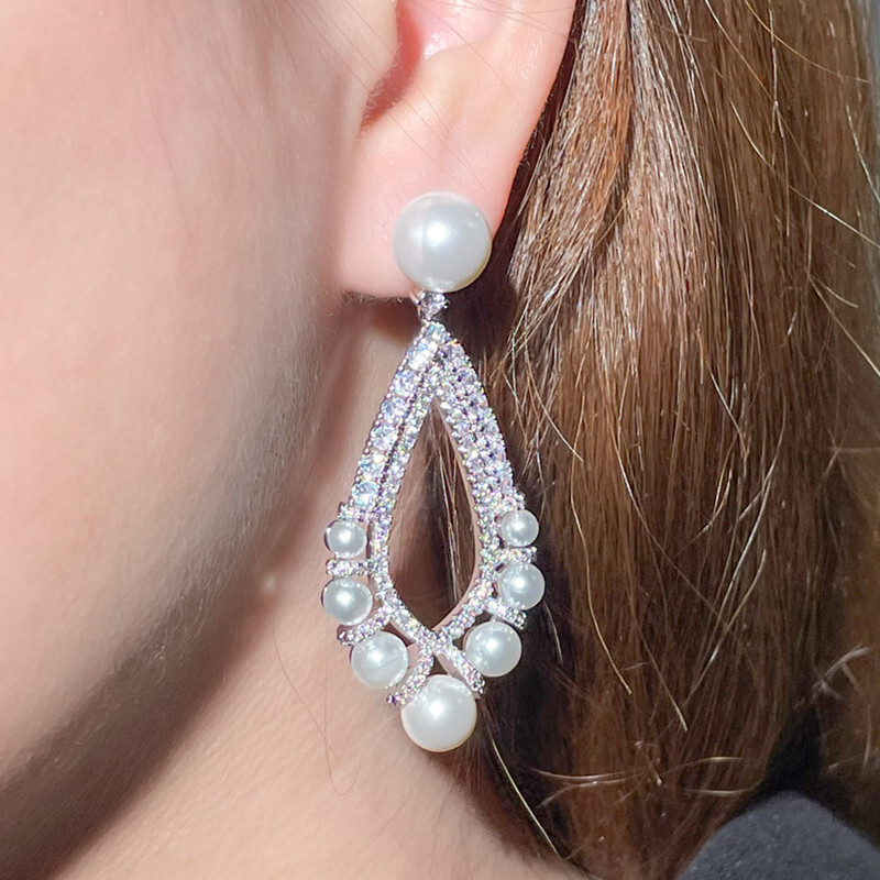 Women Elegant Silver Plated Cubic Zircon Long Drop Dangle Pearl Wedding Earrings