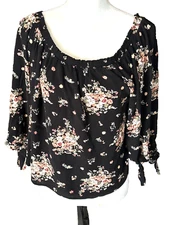 Jolt - Cute Floral Peasant Off Shoulder Blouse - 3/4 Sleeve with Ties - Black XL
