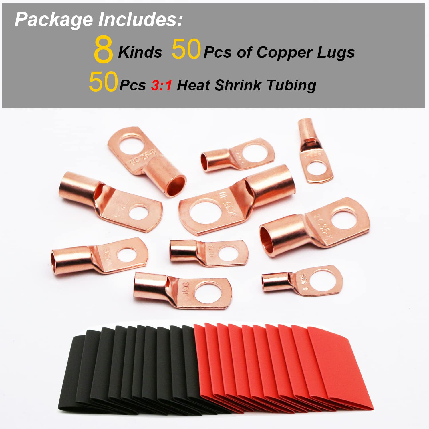 100Pcs Copper Wire Lugs AWG 6 8 10 12 with Heat Shrink Set, 50Pcs Battery Cable 
