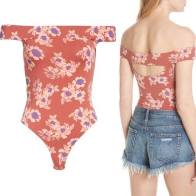 Free People Women So Much Off Shoulder Floral Sienna Clay Pink Bodysuit S