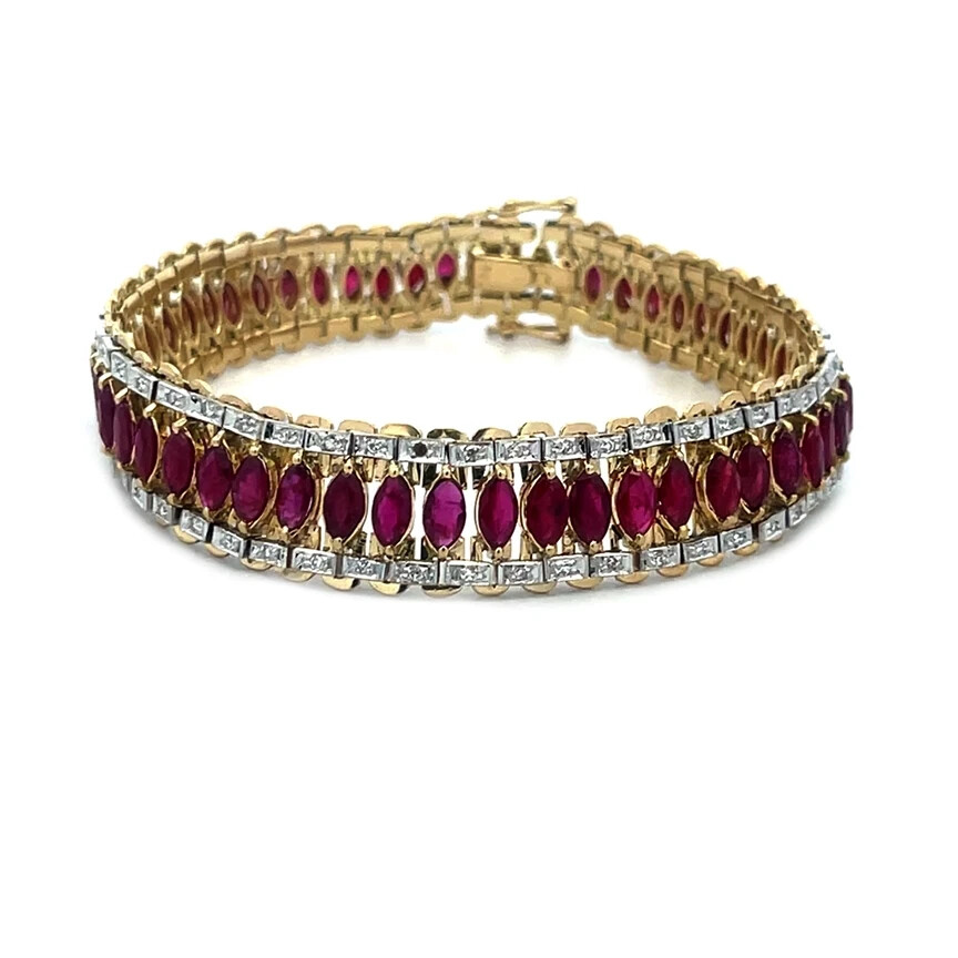 Ruby Diamond Gold Bracelet 18k Two Tone Wide Marq… - image 1