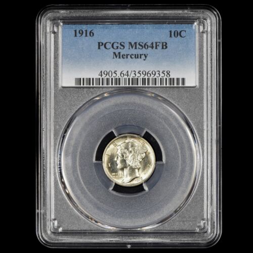 1916-P MERCURY DIME ✪ PCGS MS-64-FB ✪ 10C SILVER COIN FULL BANDS 358 ◢TRUSTED◣ - Picture 1 of 4