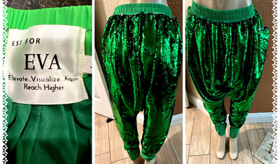 EST For EVA Sequins Harem Hiphop Baggy Harajuku GreenPants Sz L Unisex bt6