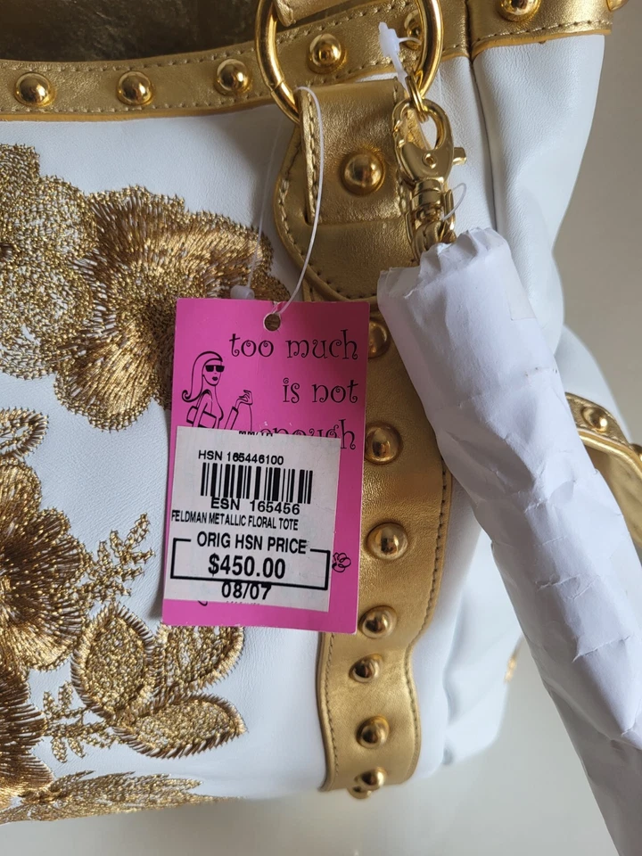 Bolso Beverly Feldman Dorado Bordado Doble Asas Borla Cuero Blanco Exótico Foto 3 de 4