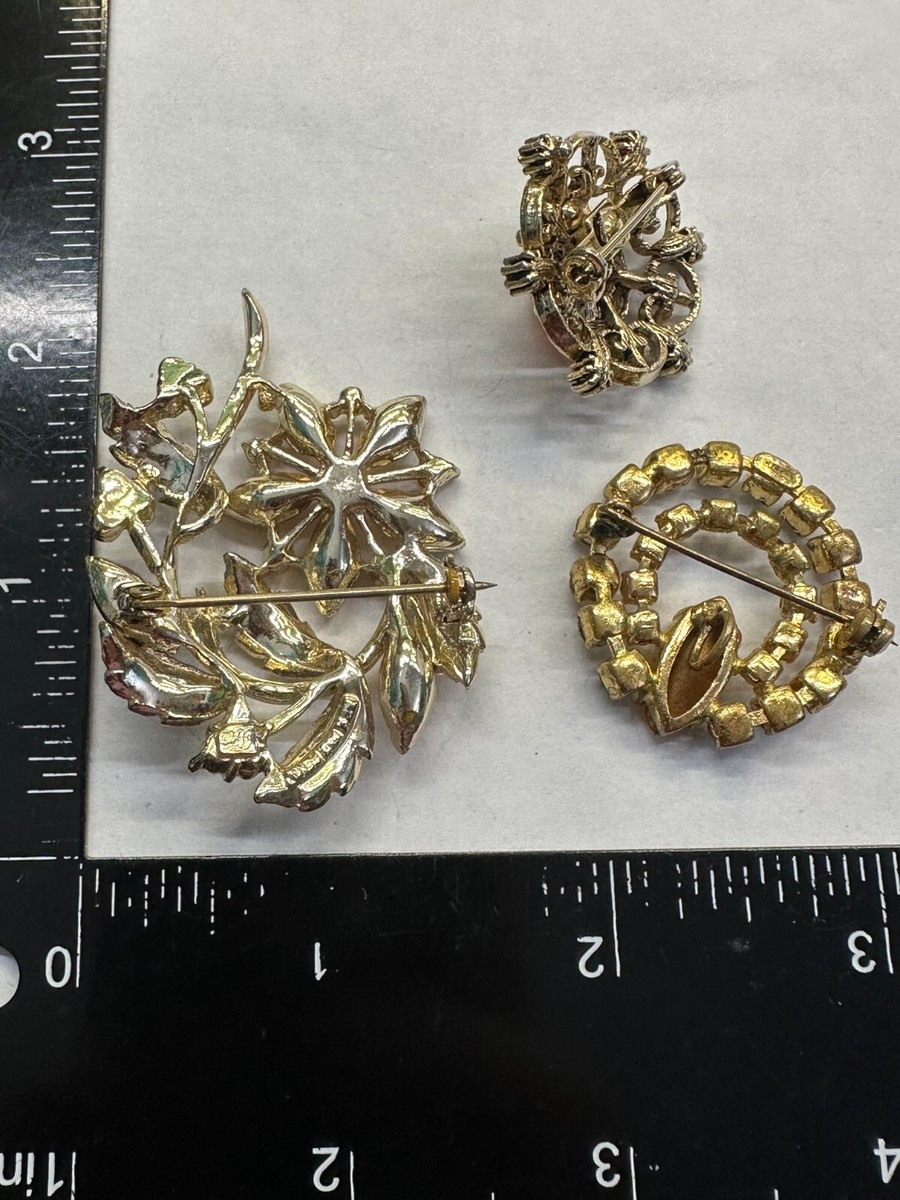 Flowers Lot 3 Amber & Clear Rhinestone 1 SIGNED Vintage Brooch 1