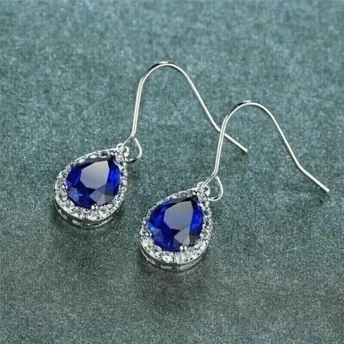 2Ct Pear Lab-Created Sapphire Diamond DropDangle Earrings 14K White Gold Plated - Image 2 of 4